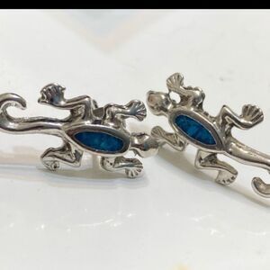 Silver Hawaiian gecko lizard blue opal post stud earrings